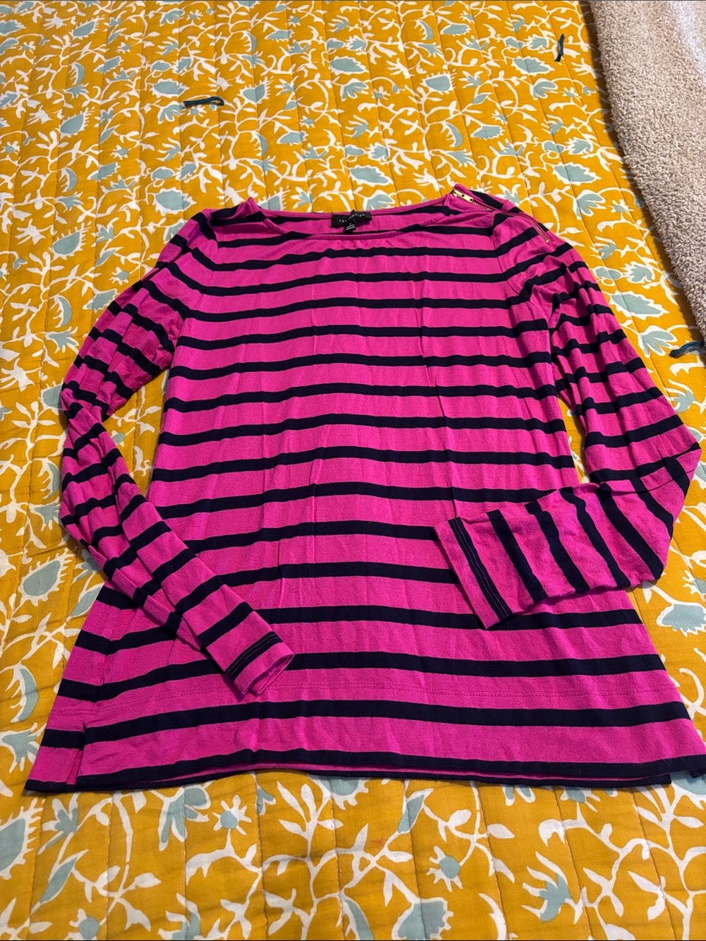 The Limited Pink Black Stripe Long Sleeve T Shirt Knit Top Zipper Shoulder